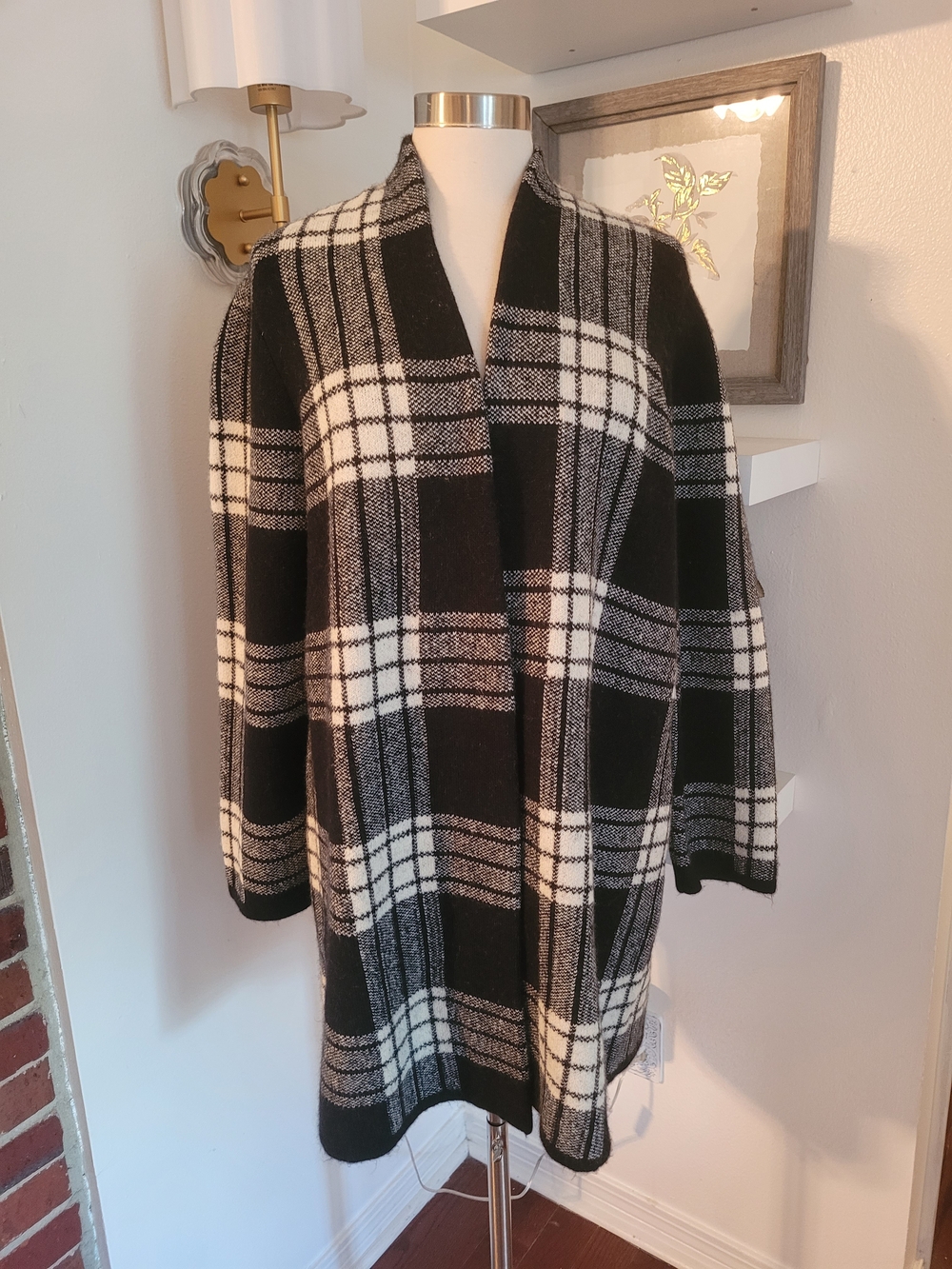 Talbots Black and White Plaid Open-Front Cardigan